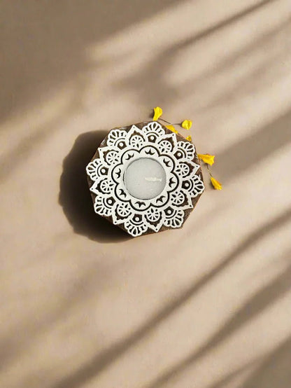 Mandala Shaped Wooden Tea light Candle Holder - gruham